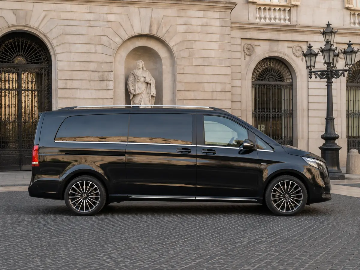 Mercedes Benz V300 4x4 XL Exclusive 7 seats 2025, front view — Milan Luxury Cars, Milan. The Mercedes Benz V300 4x4 XL Exclusive is built for groups and families who need space…