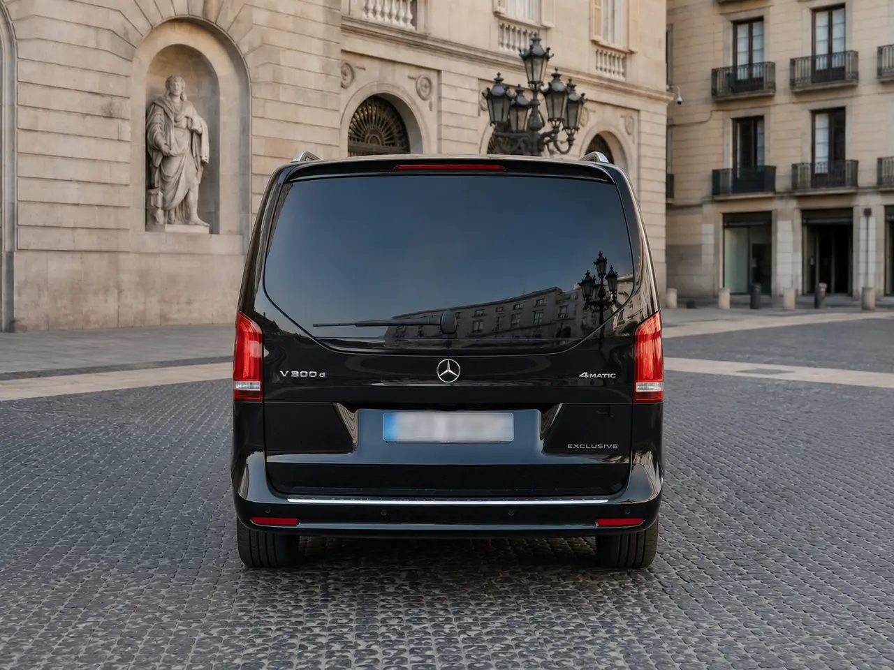Mercedes Benz V300 4x4 XL Exclusive 7 seats 2025, rear view — Milan Luxury Cars, Milan. The Mercedes Benz V300 4x4 XL Exclusive is built for groups and families who need space…
