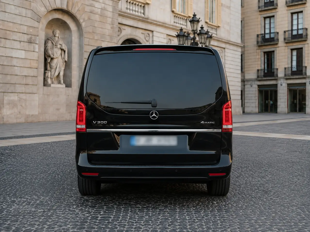 Mercedes Benz V300 4x4 XL VIP (Captain, 7 seat) 2025, rear view — Milan Luxury Cars, Milan. The Mercedes Benz V300 4x4 XL VIP brings a different kind of comfort to a rental fleet…
