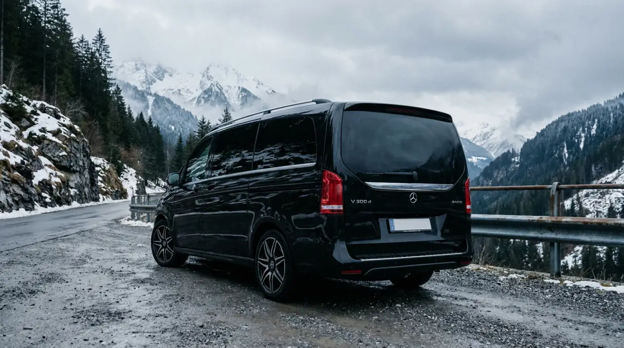 Mercedes Benz V300 8 seats 2025, front view — Milan Luxury Cars, Milan. The Mercedes Benz V300 answers a specific need: moving a full group of up to eight…