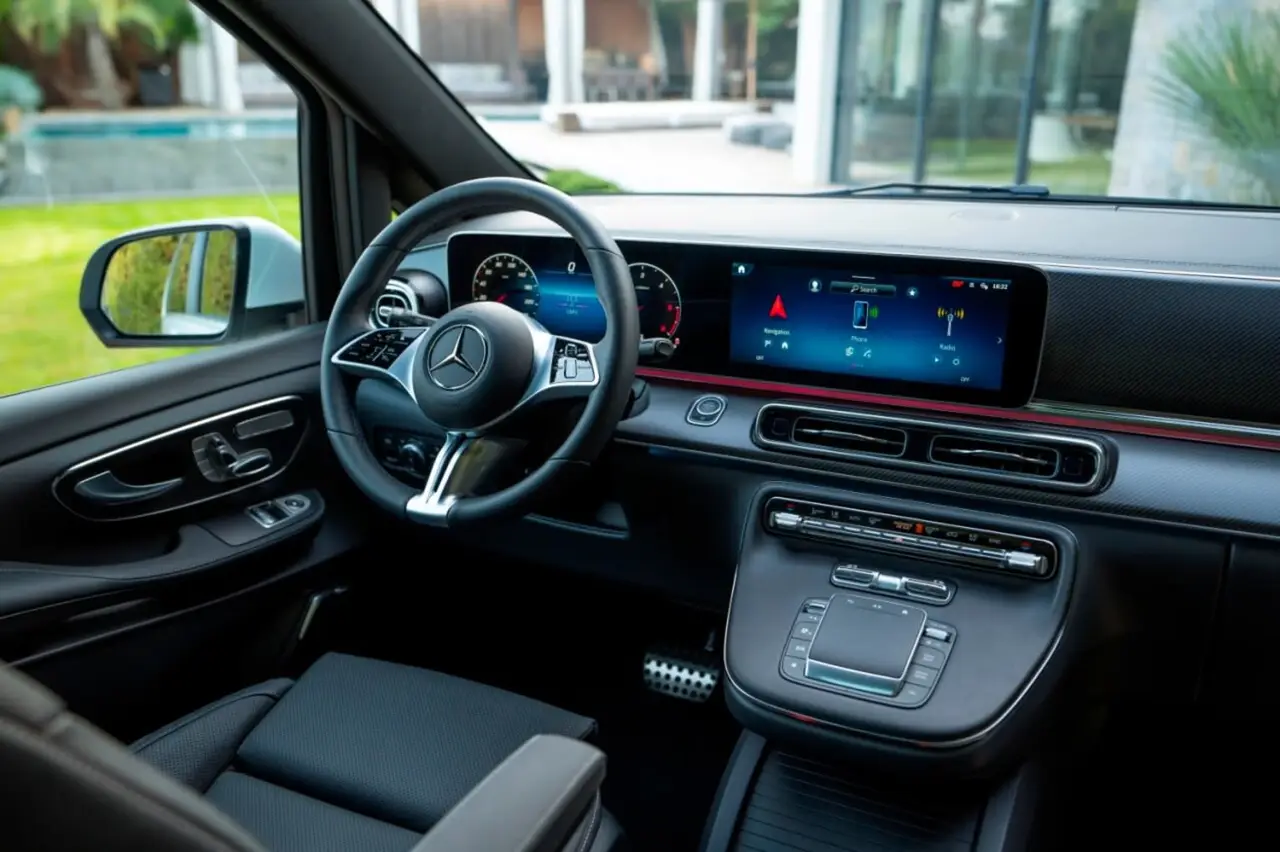 Mercedes Benz V300 8 seats 2025, dashboard — Milan Luxury Cars, Milan. The Mercedes Benz V300 answers a specific need: moving a full group of up to eight…
