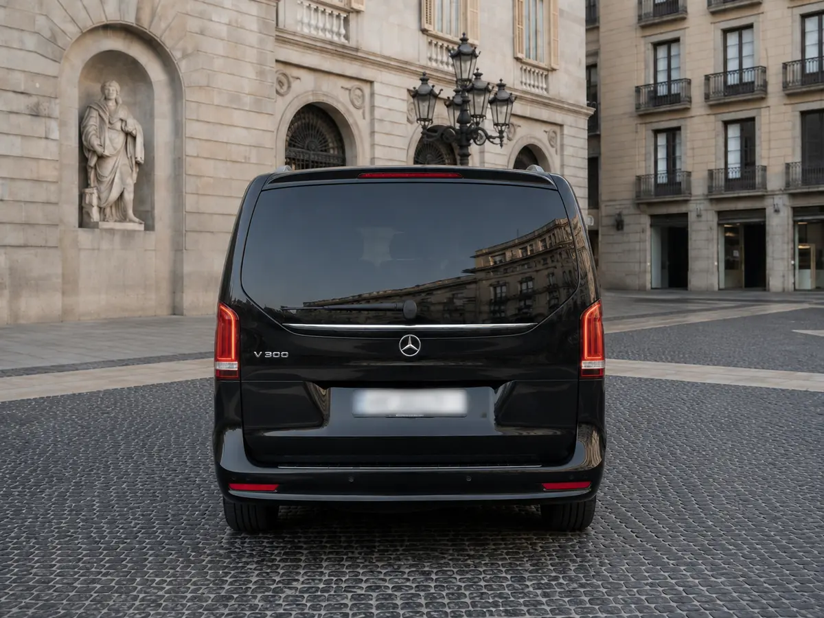 Mercedes Benz V300 8 seats 2025, rear view — Milan Luxury Cars, Milan. The Mercedes Benz V300 answers a specific need: moving a full group of up to eight…