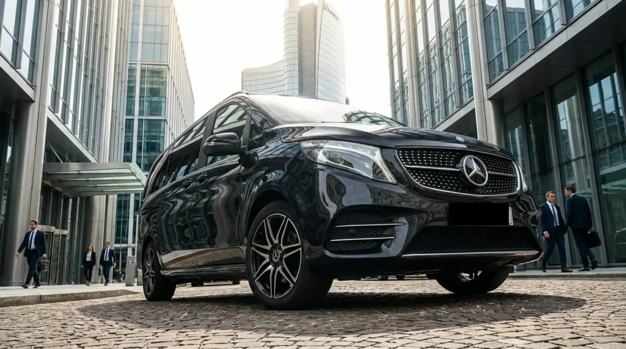 Mercedes V Class 2026, exterior — Milan Luxury Cars, Milan. The Mercedes Benz V Class is built for groups rather than solo runs — eight seats and a…