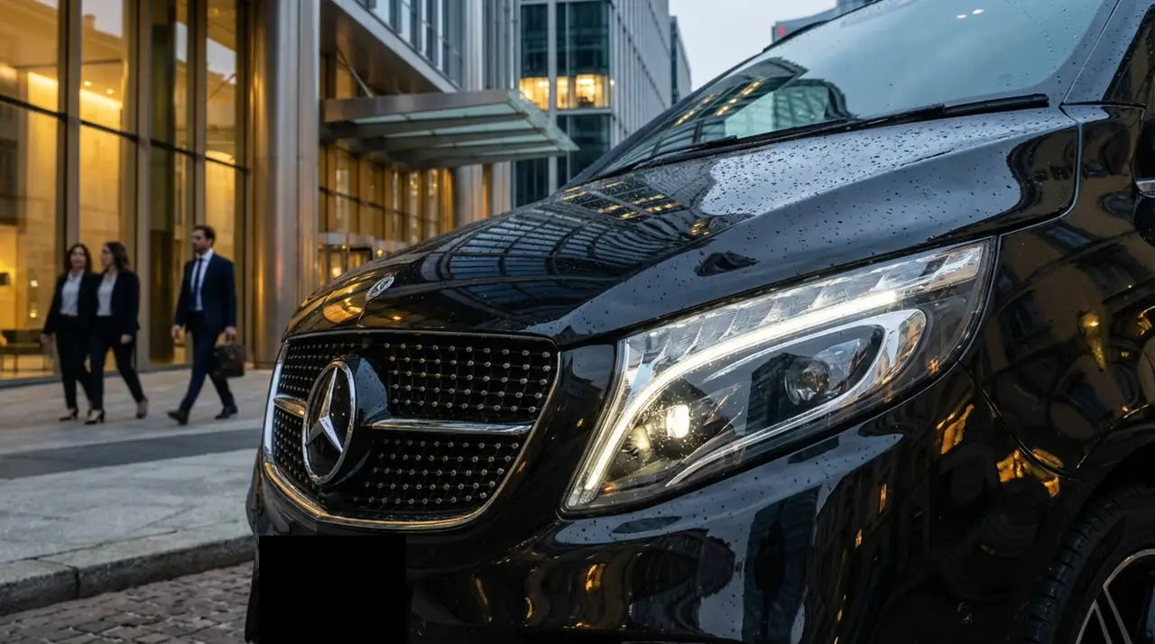 Mercedes V Class 2026, front view — Milan Luxury Cars, Milan. The Mercedes Benz V Class is built for groups rather than solo runs — eight seats and a…
