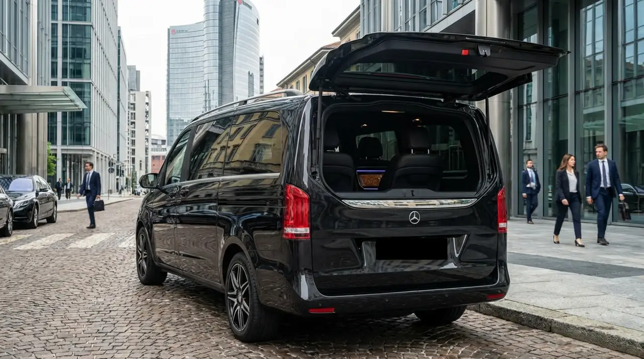 Mercedes V Class 2026, rear view — Milan Luxury Cars, Milan. The Mercedes Benz V Class is built for groups rather than solo runs — eight seats and a…