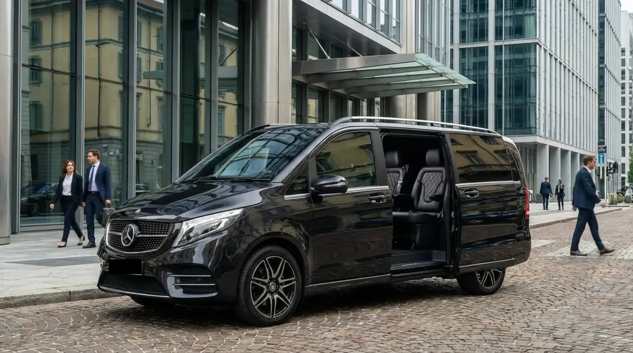 Mercedes V Class 2026, interior — Milan Luxury Cars, Milan. The Mercedes Benz V Class is built for groups rather than solo runs — eight seats and a…