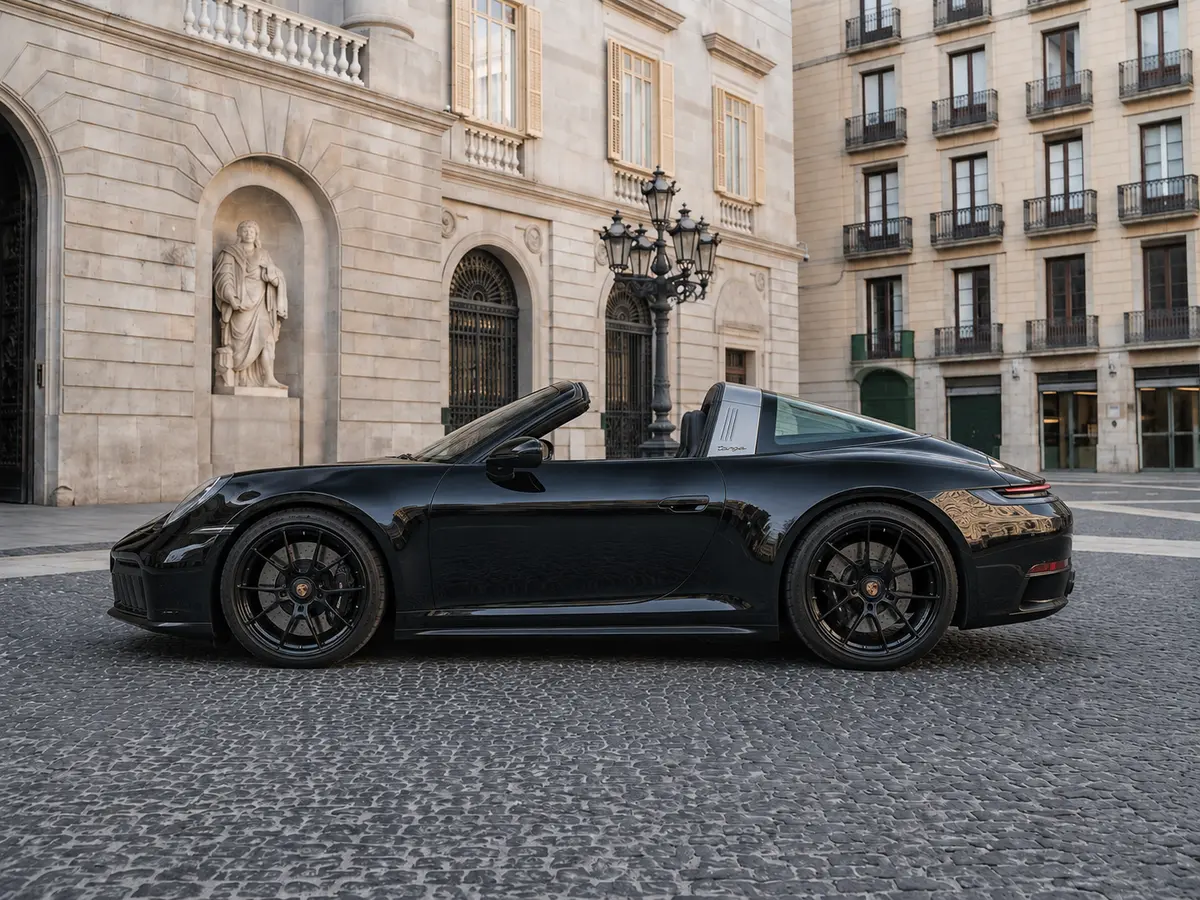 Porsche 911 Targa 2025, exterior — Milan Luxury Cars, Milan. The 911 Targa pairs 541 hp with the distinctive half-roof silhouette that sets it apart…