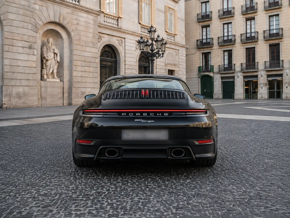 Porsche 911 Targa 2025, rear view — Milan Luxury Cars, Milan. The 911 Targa pairs 541 hp with the distinctive half-roof silhouette that sets it apart…