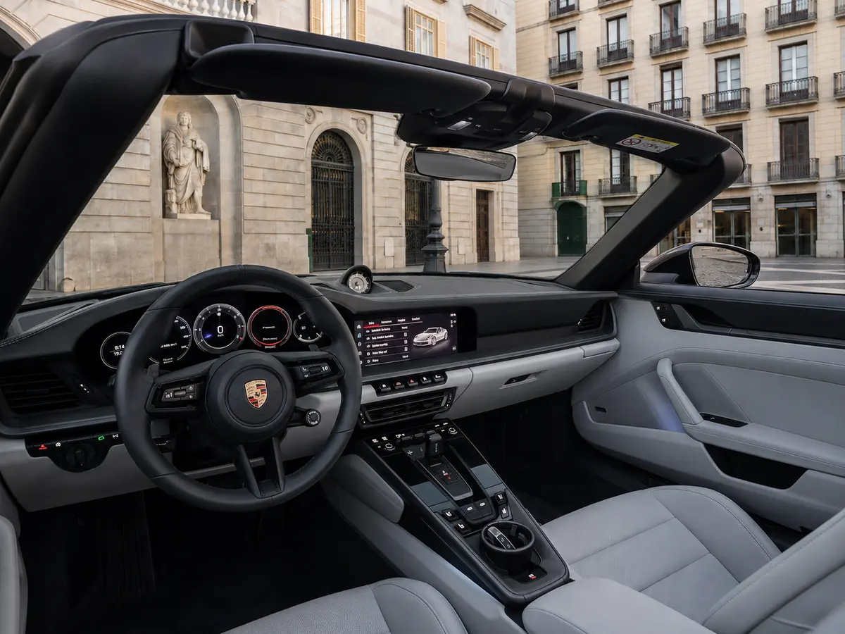 Porsche 911 Targa 2025, interior — Milan Luxury Cars, Milan. The 911 Targa pairs 541 hp with the distinctive half-roof silhouette that sets it apart…
