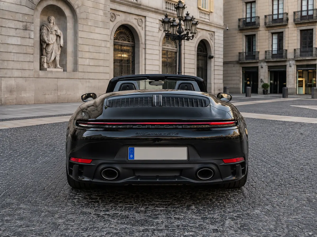 Porsche 992 Carrera 4 GTS Cabrio 2024, vista posteriore — Milan Luxury Cars, Milano. La Porsche 992 Carrera 4 GTS Cabrio del 2024 unisce la trazione integrale a una potenza…