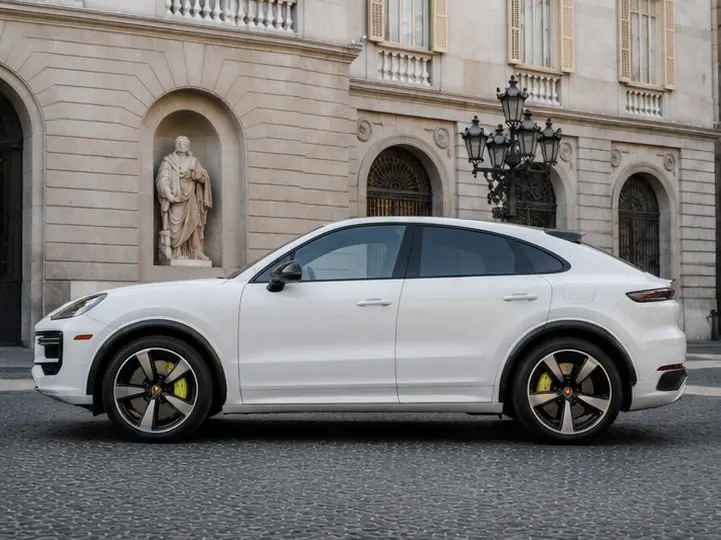 Porsche Cayenne Turbo E-Hybrid Coupé GT 2026, exterior — Milan Luxury Cars, Milán. El Porsche Cayenne Turbo E-Hybrid Coupé GT de 2026 combina la carrocería tipo suv con una…