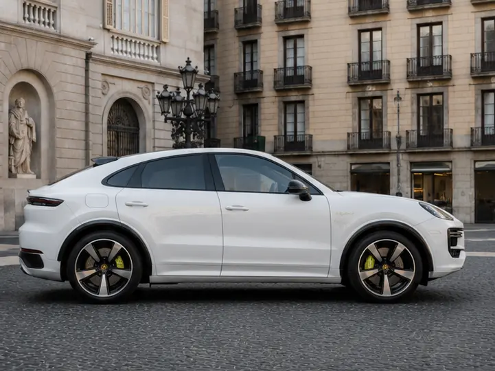 Porsche Cayenne Turbo E-Hybrid Coupé GT 2026, vista frontal — Milan Luxury Cars, Milán. El Porsche Cayenne Turbo E-Hybrid Coupé GT de 2026 combina la carrocería tipo suv con una…