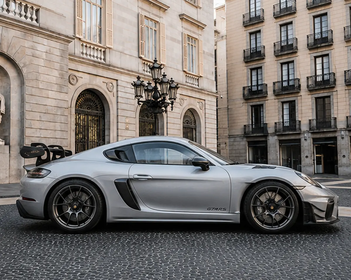 Porsche GT4 RS 2024, vista frontal — Milan Luxury Cars, Milán. El Porsche GT4 RS de 2024 es un coche de dos plazas pensado para quien busca una…
