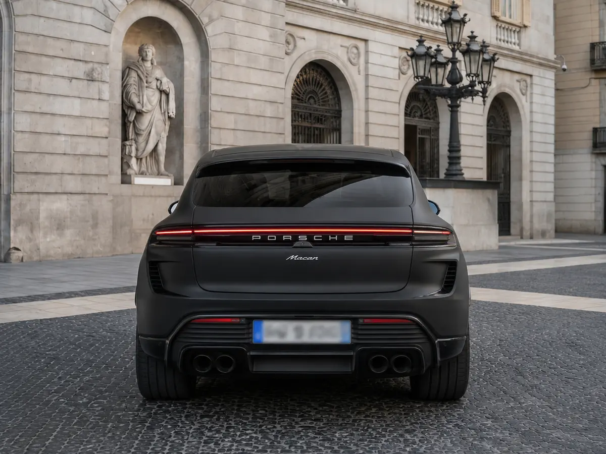 Porsche Macan 2024, vista posteriore — Milan Luxury Cars, Milano. La Porsche Macan 2024 porta nel segmento SUV l'assetto e la precisione di sterzo tipiche…