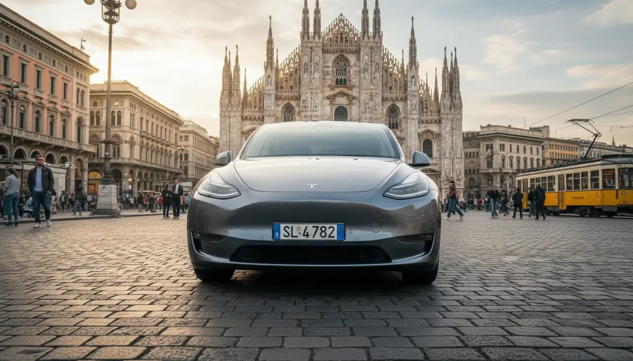 Tesla Model Y Long Range 2023, front view — Milan Luxury Cars, Milan. The 2023 Tesla Model Y Long Range brings 378 hp and seating for five into a cabin built…