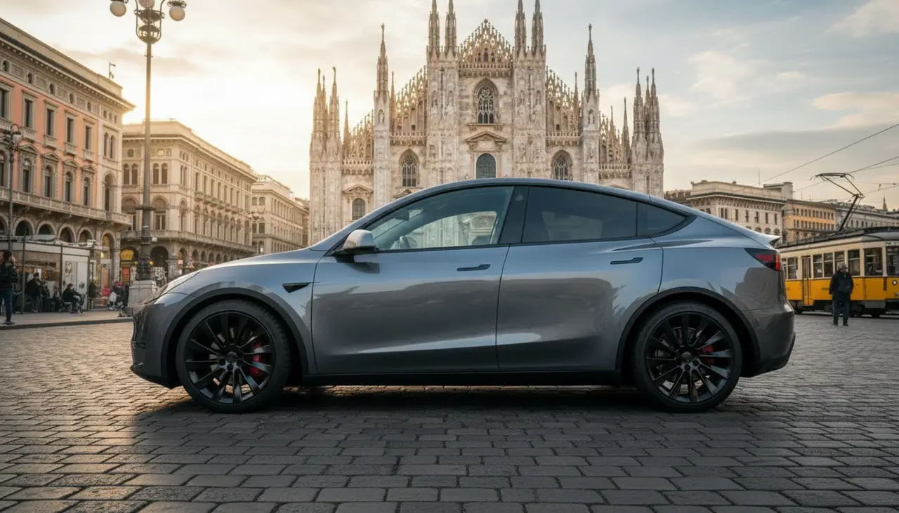 Tesla Model Y Long Range 2023, rear view — Milan Luxury Cars, Milan. The 2023 Tesla Model Y Long Range brings 378 hp and seating for five into a cabin built…
